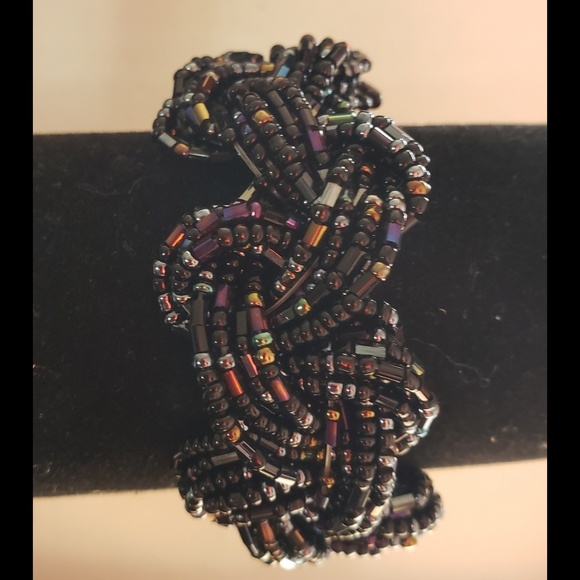 Handcrafted 7" Seed Bead Triple Braided Black Shimmering Bracelet - Picture 3 of 6